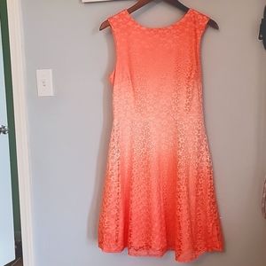 A-line, mid length dress. Ombre coral with lace detail, size 10.